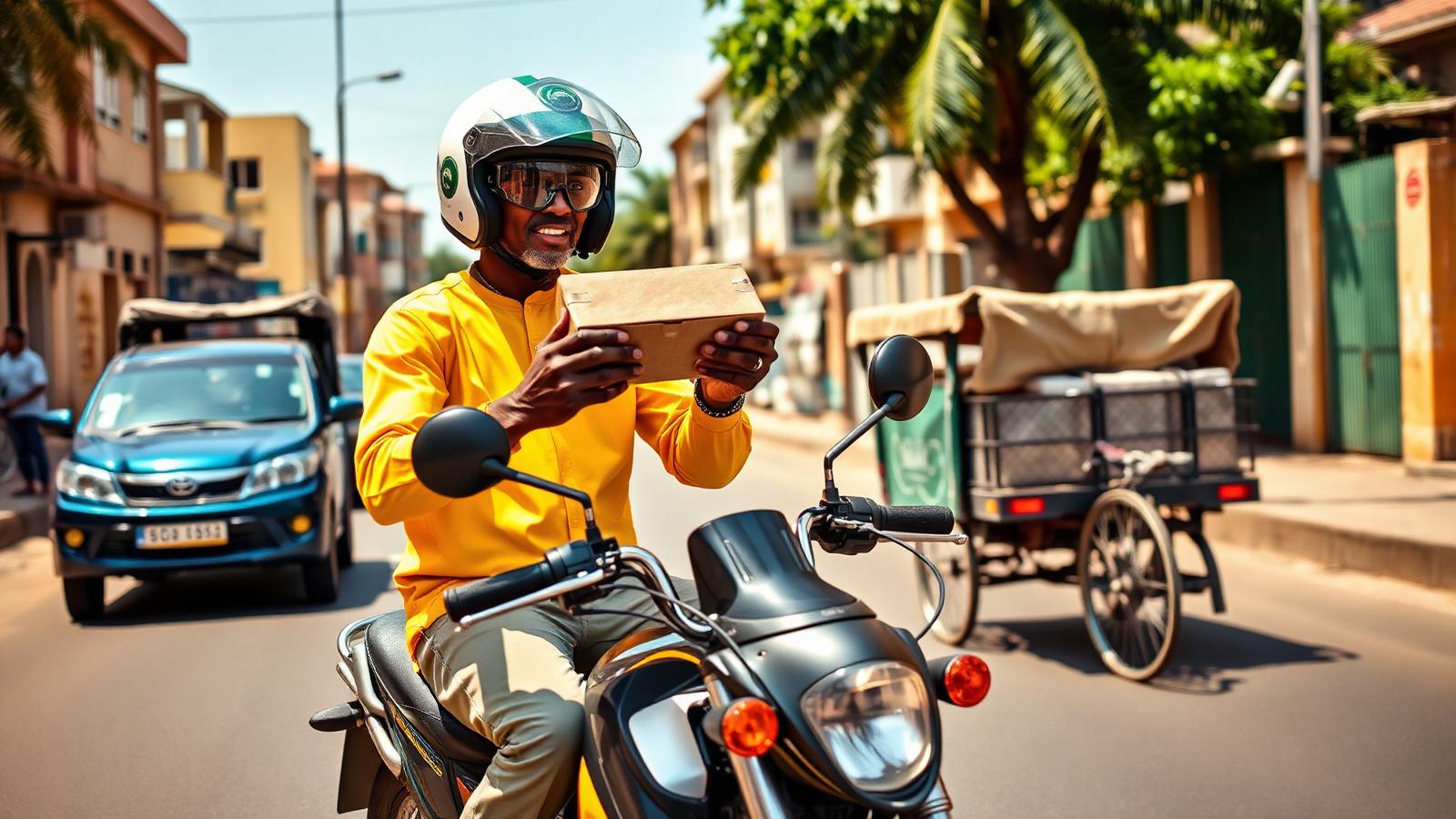 Livreur YONIMA FEEP à moto avec un colis dans une rue de Dakar